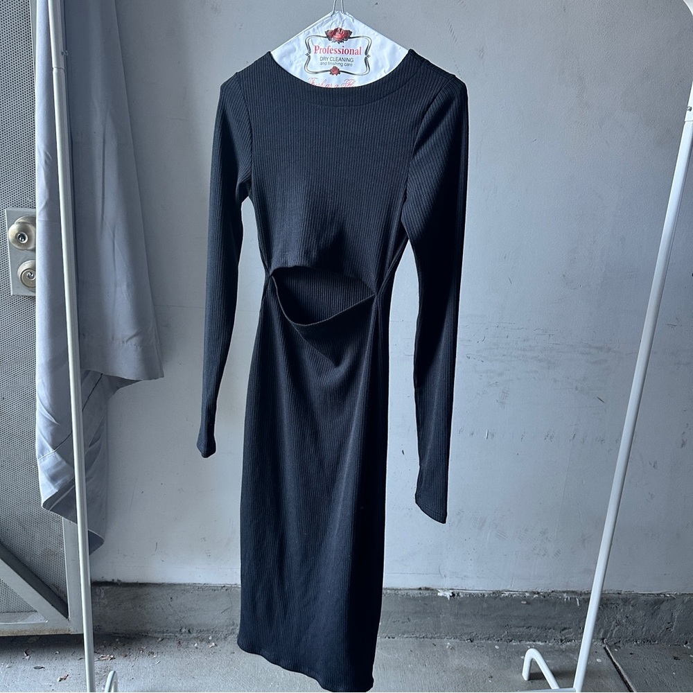 Black Long Sleeve Dress with Peekaboo Slit